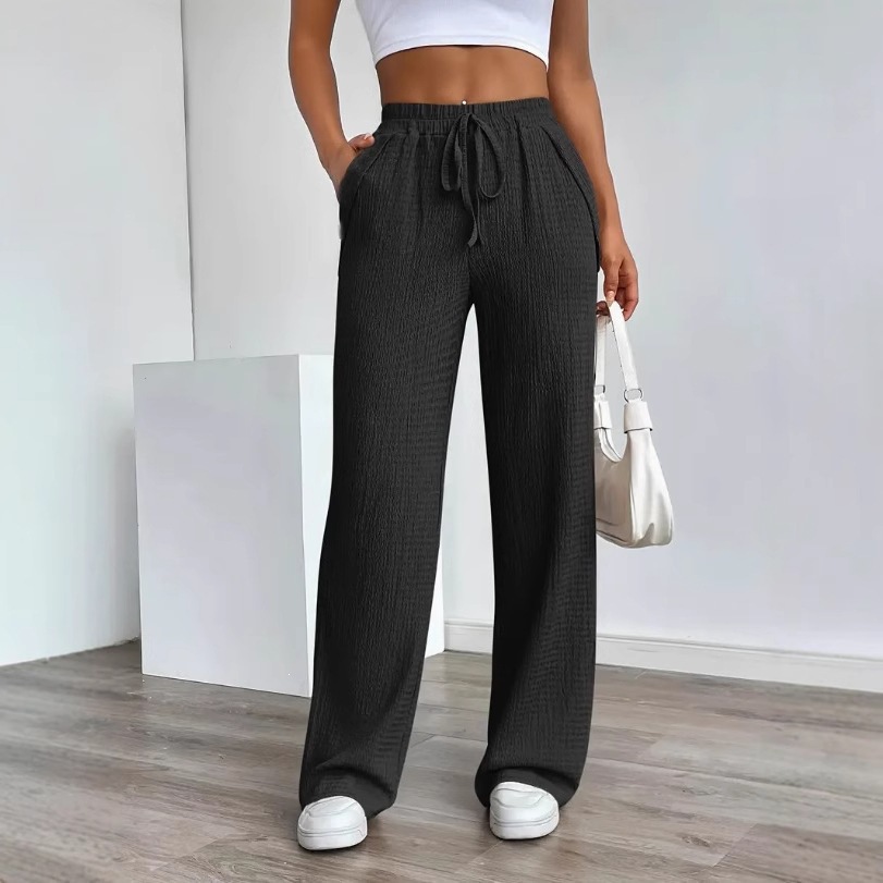 Women's Solid Pattern Loose Elastic Mid-Rise Drawstring Pocket Casual Straight Pants