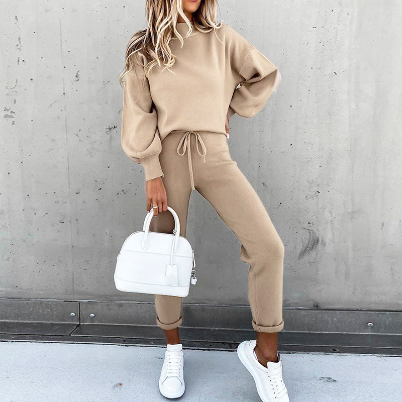 Women's Turtleneck Sweatsuit Set Solid Color Long Pants with Pockets