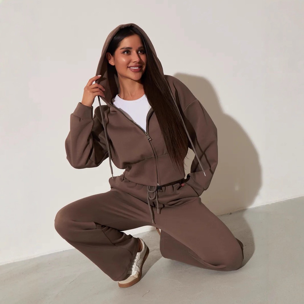 Women's Solid Color Zip Hooded Cardigan and Wide-Leg Pants Two-Piece Set