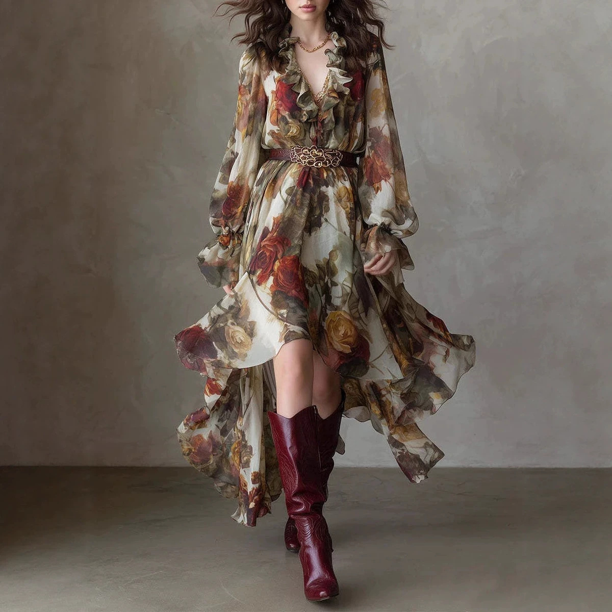 Vintage Oil Painting Rose Print Ruffle V-Neck Long Sleeve Cinched Waist Asymmetric Chiffon Maxi Dress with
