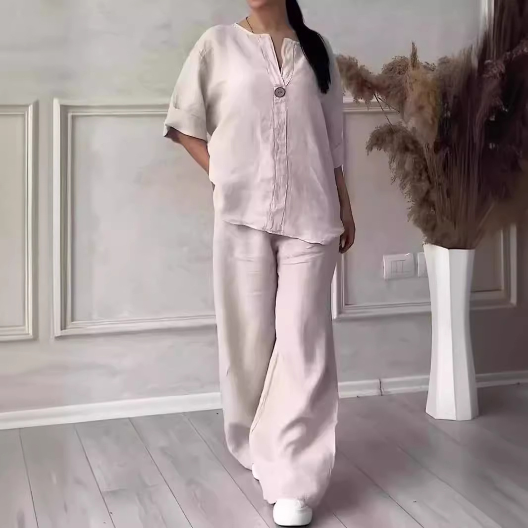 Women's Cotton-Linen Loose Top & Wide-Leg Pants Casual Set