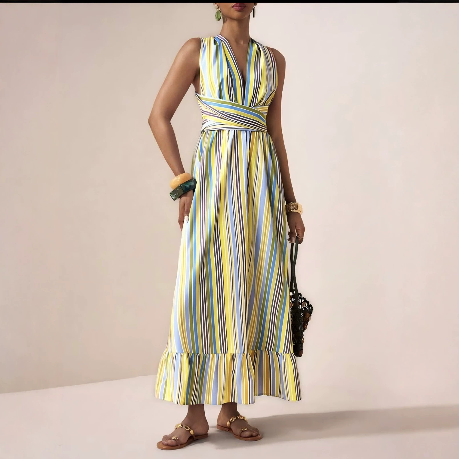 Striped Sleeveless V-Neck A-Line Midi Dress