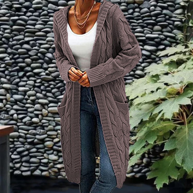 Women's Hooded Cable Knit Open-Front Cardigan Sweater, Mid-Length