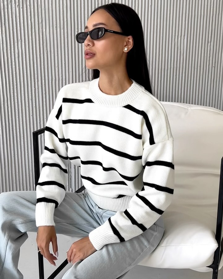 Striped Knit Sweater Crewneck Long Sleeve Colorblock Pullover