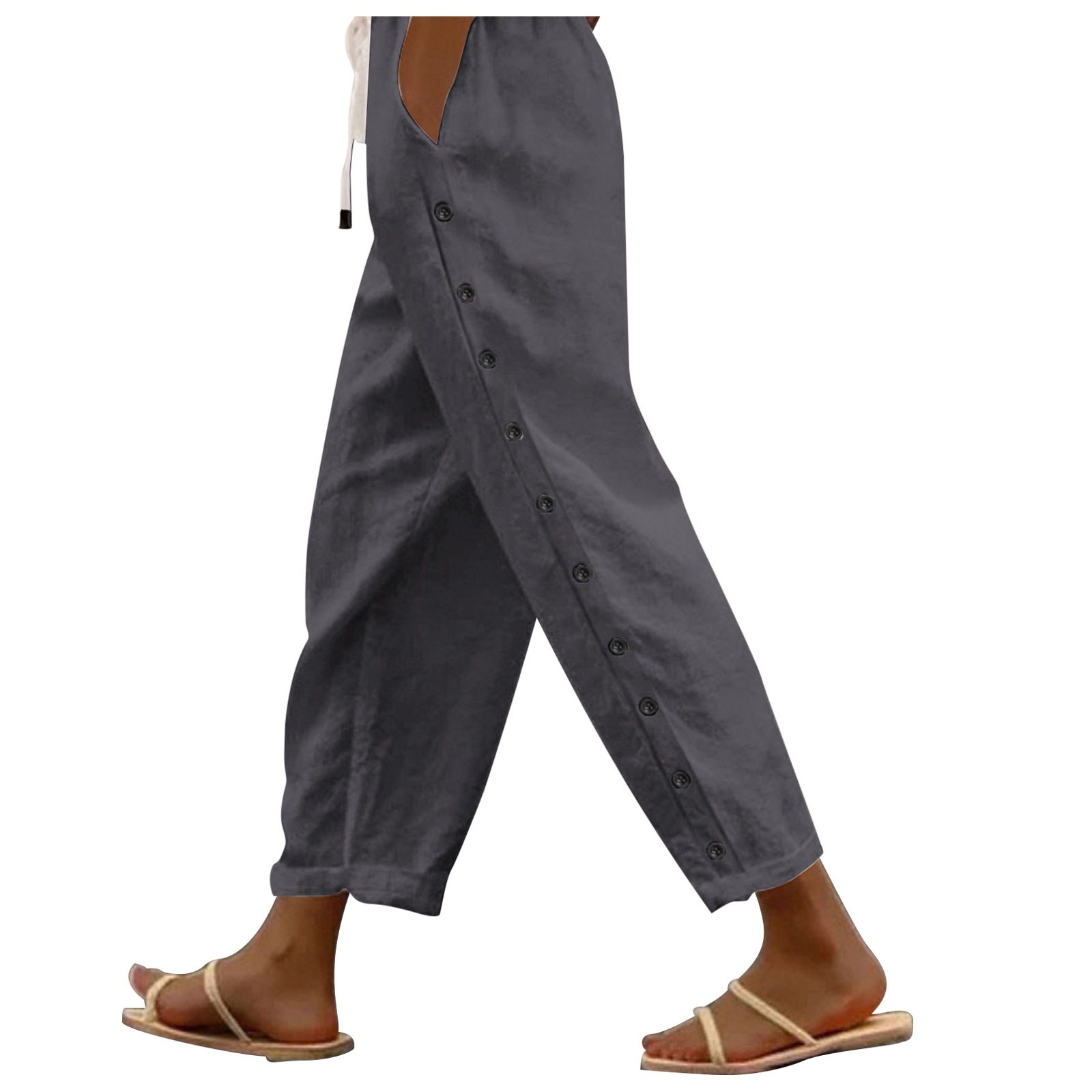 Women's Casual Patchwork Button Cropped Pants Straight Leg Drawstring Waist