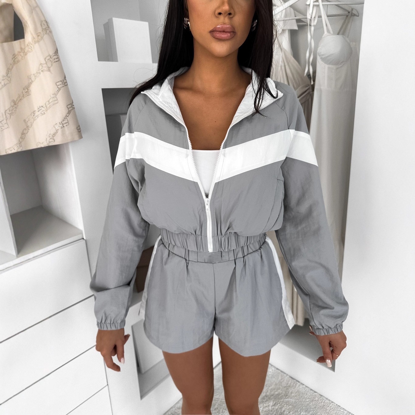 Women's Colorblock Zip Cardigan and Shorts Two-Piece Set