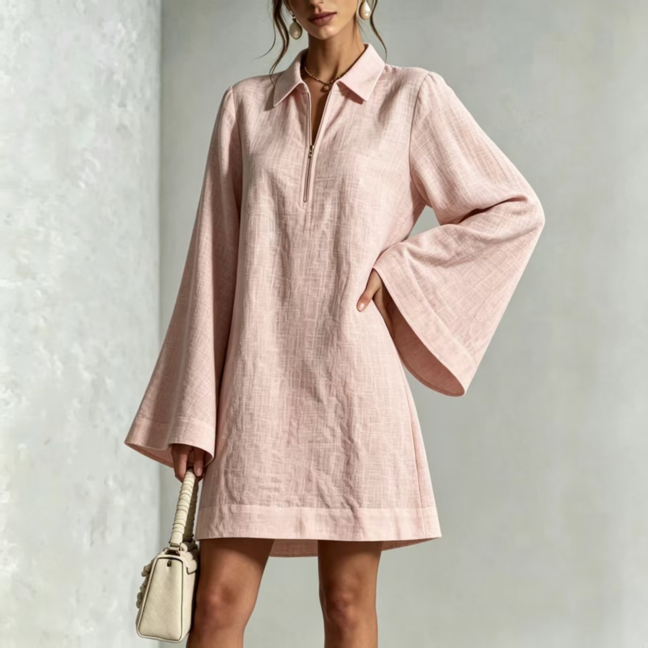 Solid Color Half-Zip Loose Long-Sleeve Casual Dress