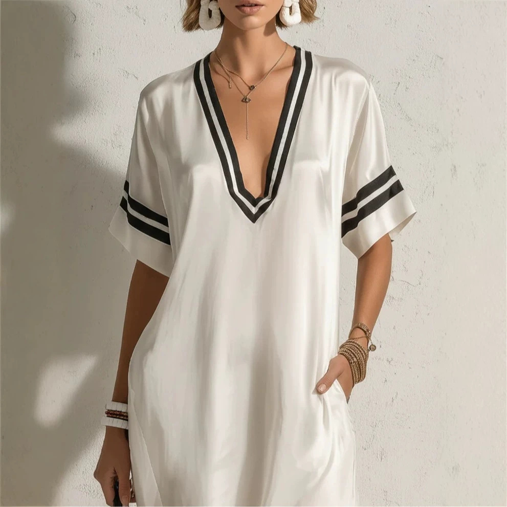 Satin Striped Deep V-Neck Short Sleeve Long Dress with Side Slit