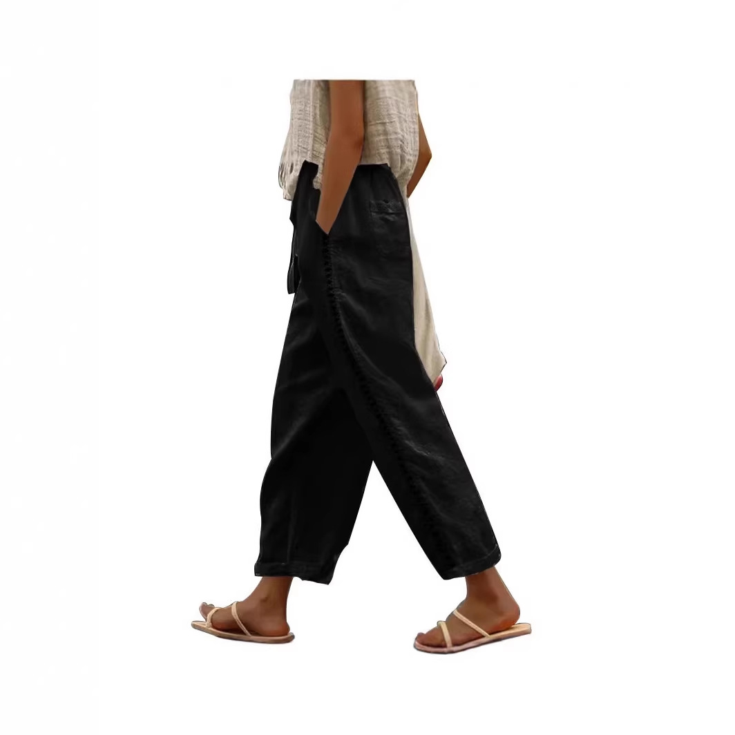 Women's Lace Cutout Spliced Cropped Pants Casual Straight-Leg