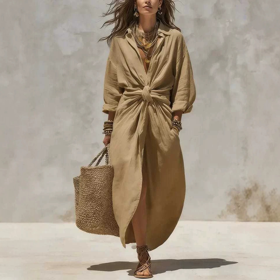 Women's Solid Color Button-Front Collared Long Sleeve Casual Dress with Pockets