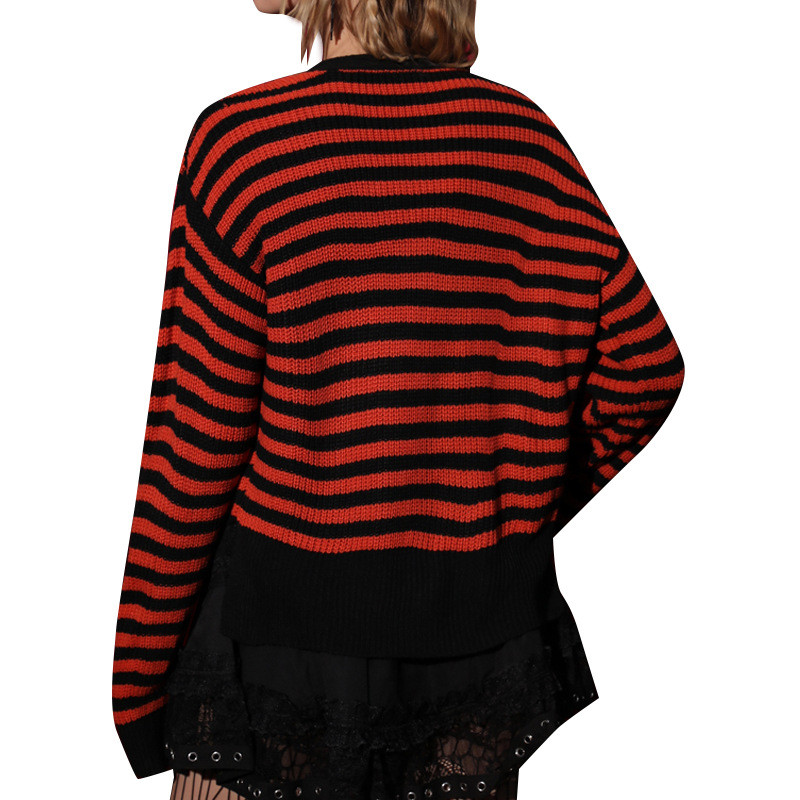 Women's Pumpkin Striped V-Neck Knit Cardigan Long Sleeve Casual Sweater