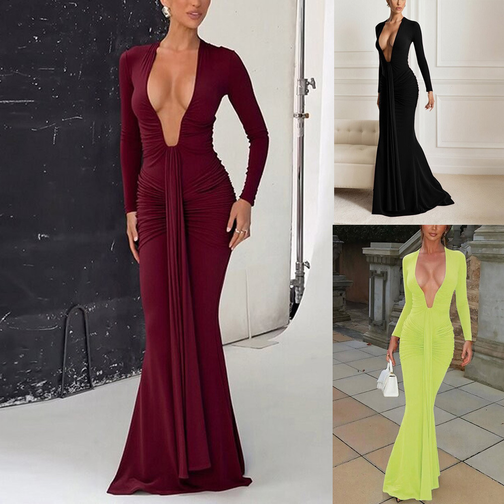Elegant Solid Deep V-Neck Waist-Cinching Ribbon Mermaid Long Sleeve Dress