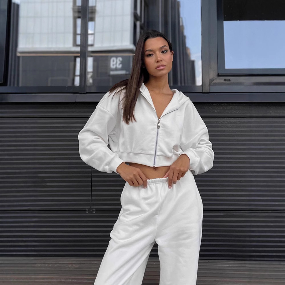 Women's Solid Color Hooded Cardigan Sweatshirt and Jogger Pants Two-Piece Set