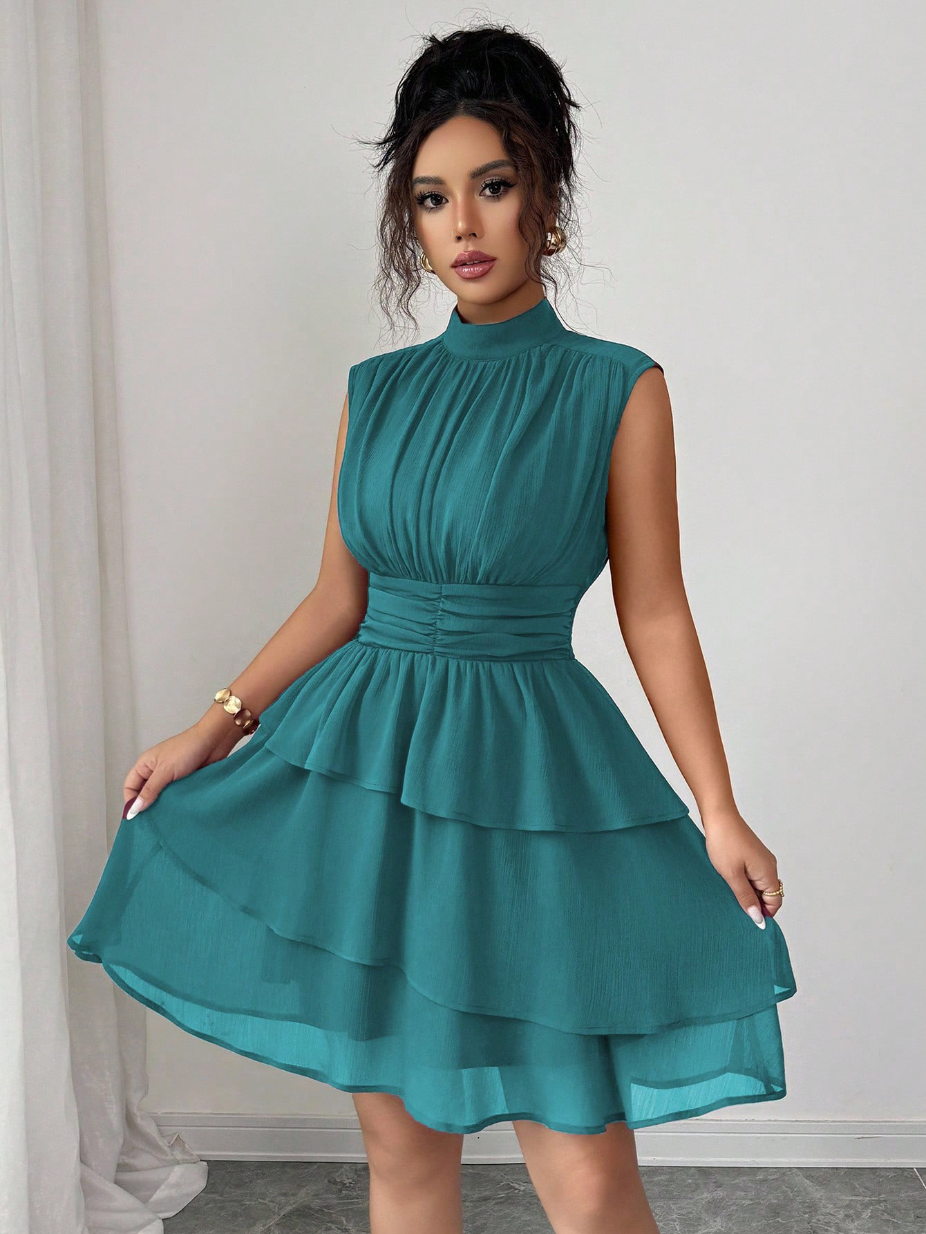 Women's Mock Neck Sleeveless Tiered Mini Dress Solid Color Fitted