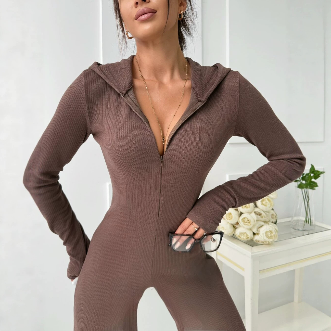 Women's Long Sleeve Solid Zip-Up Jumpsuit Minimalist Sporty