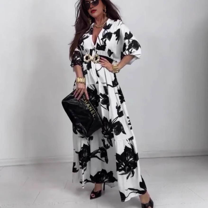 Floral Print Half-Open Neck 3/4 Sleeve Casual Midi Dress