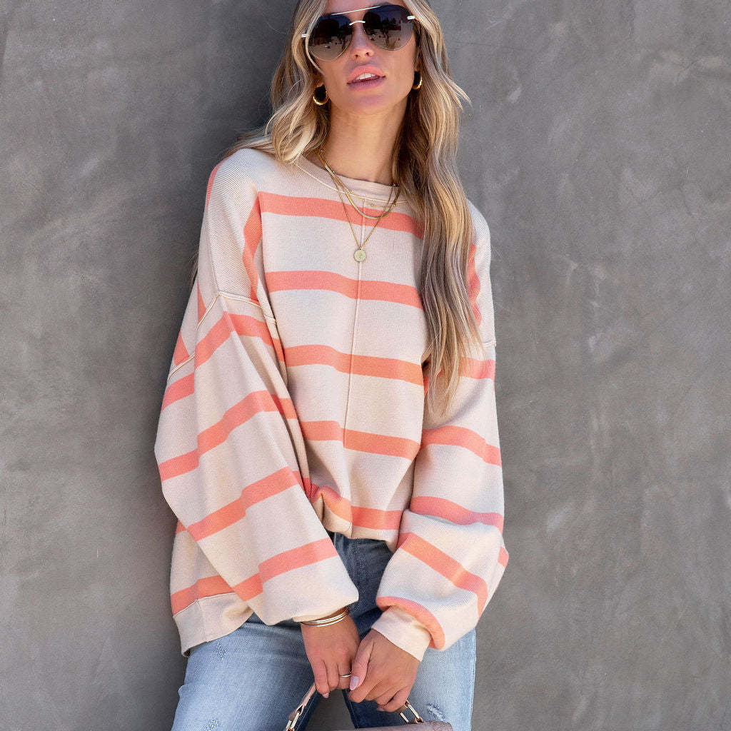 Striped Color-Block Loose Crewneck Sweater