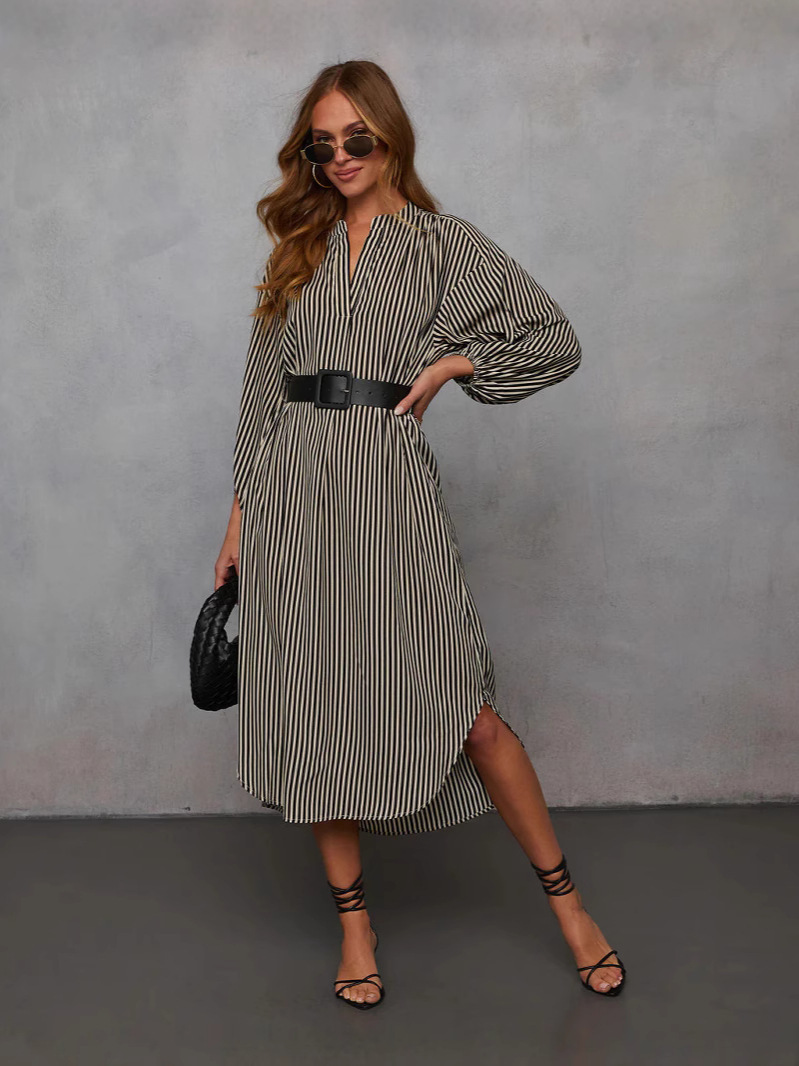 Striped Belted Long Sleeve V-Neck Midi Dress