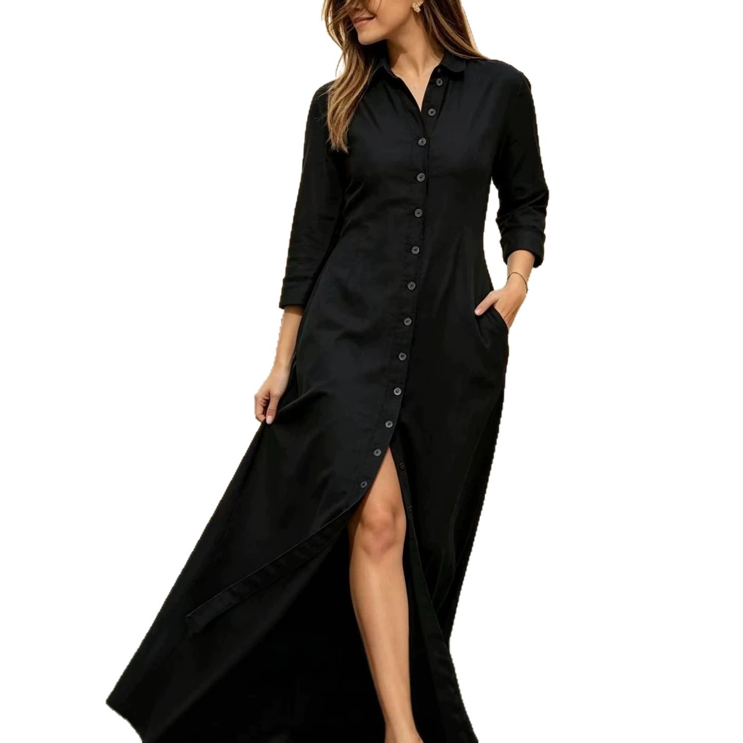 Women's Collared Button-Front Denim Shirt Dress Long A-Line Waist Pocket