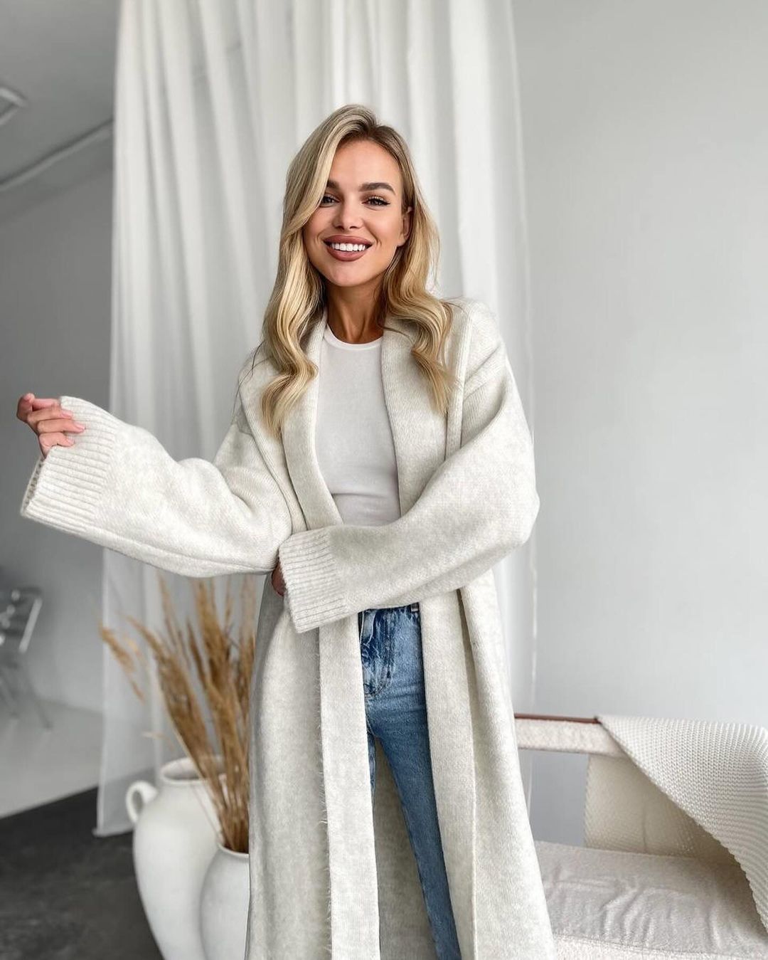Women's Collarless Long Cardigan Sweater Coat Elegant Loose Fit