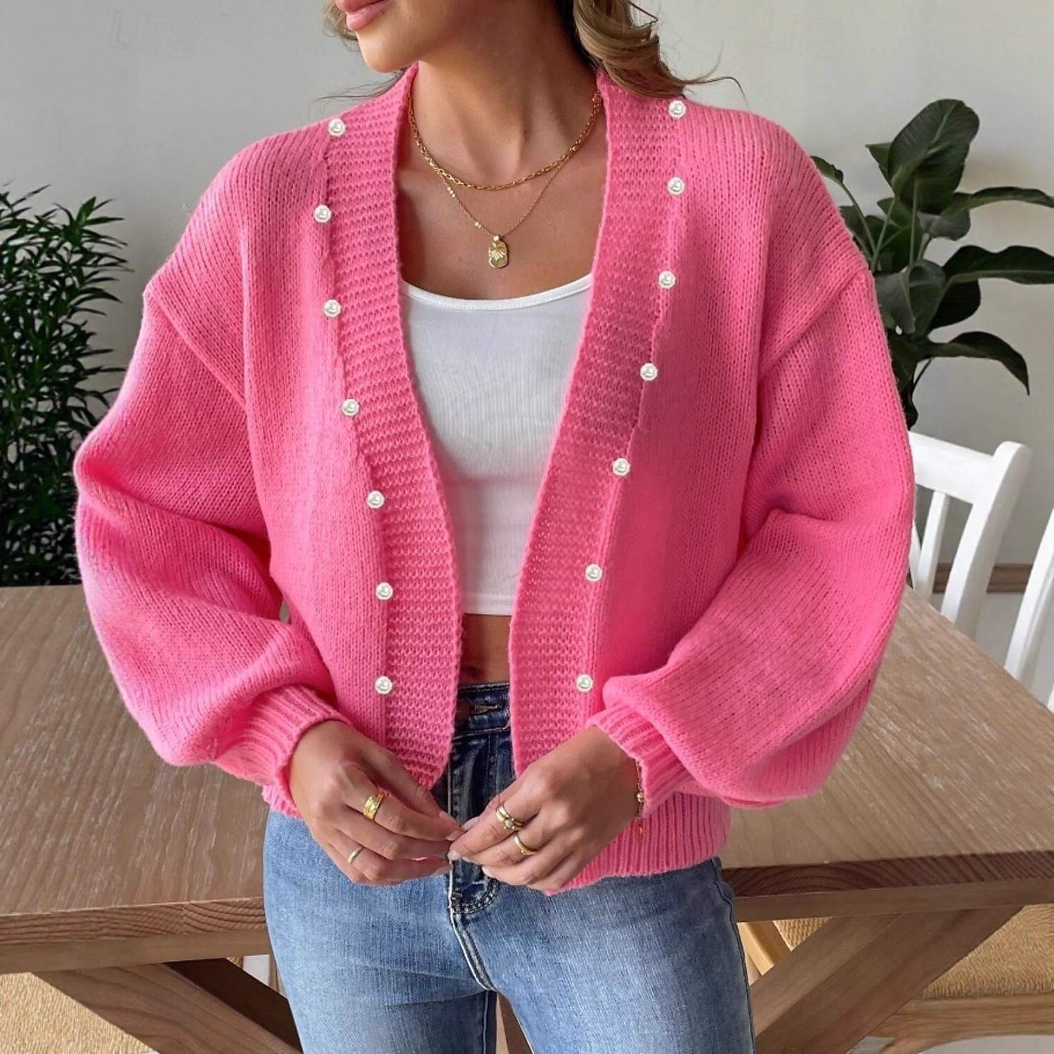 Pink Knit Cardigan for Women V-Neck Button-Up Long Sleeve