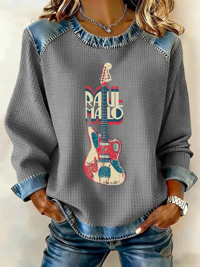 Women's Casual Crewneck Sweatshirt with 3D Digital Print Denim Splicing Waffle Knit