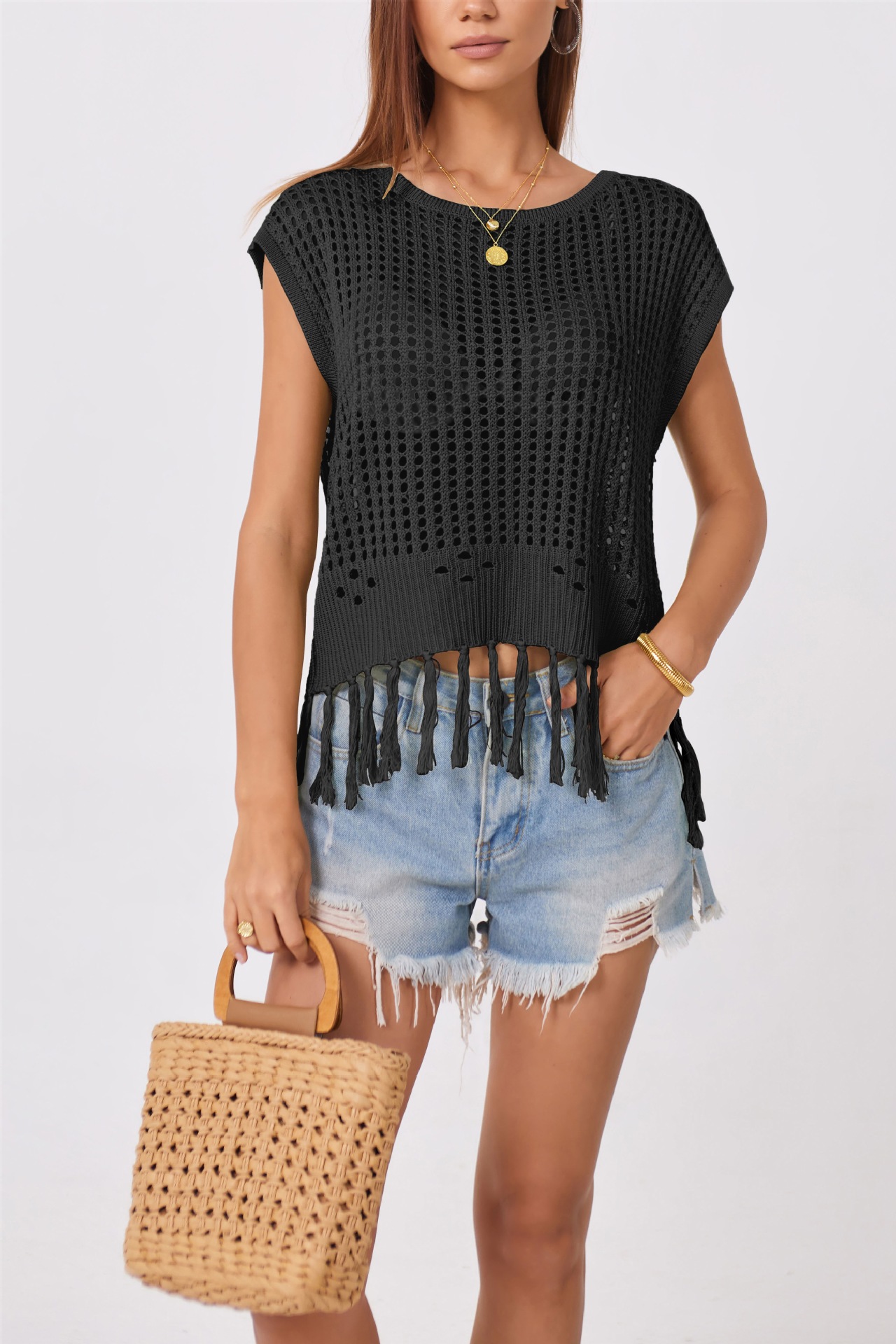 Women's Handmade Fringe Open Knit Sweater Crew Neck Loose Fit