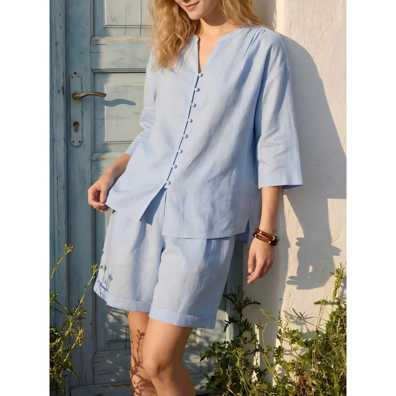 Women's Solid V-Neck Loose Top & High-Waist Wide-Leg Shorts Set