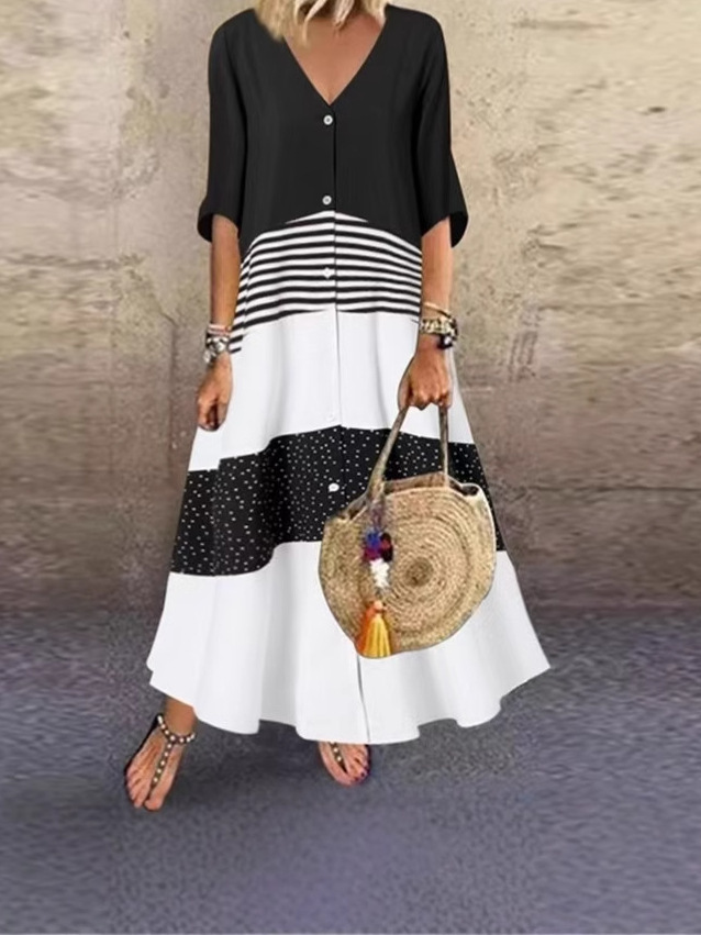 V-Neck Printed Long Dress with Button Front and Paneled Design