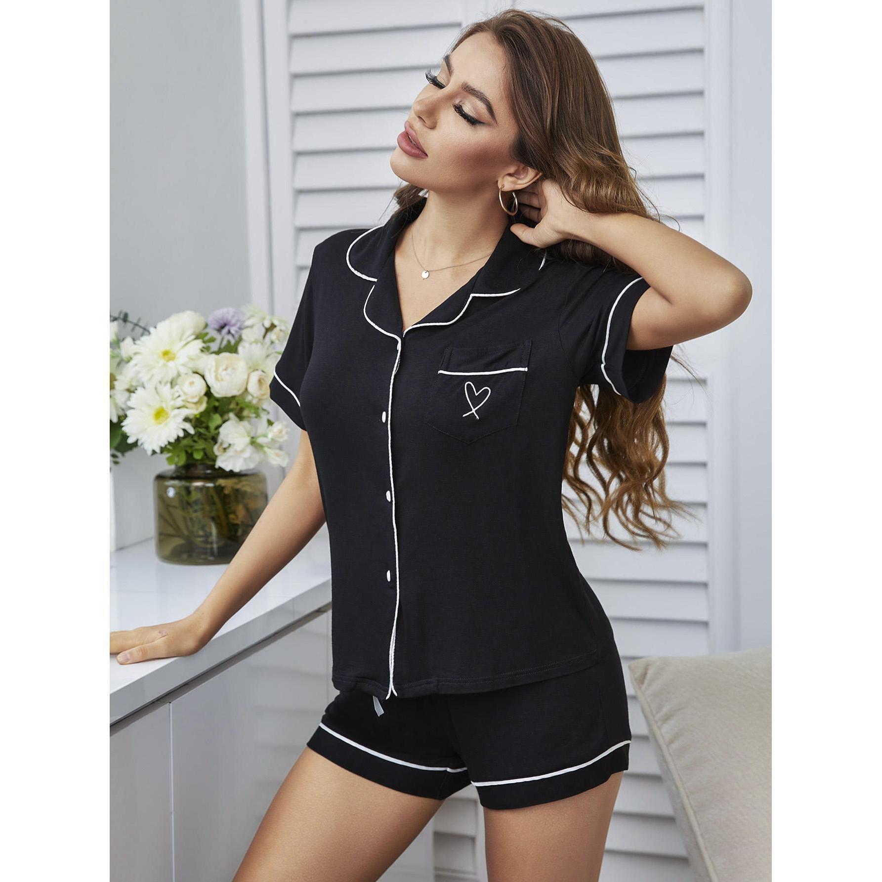 Women's Cuban Collar Heart Line Print Short Sleeve Shirt and Shorts Set