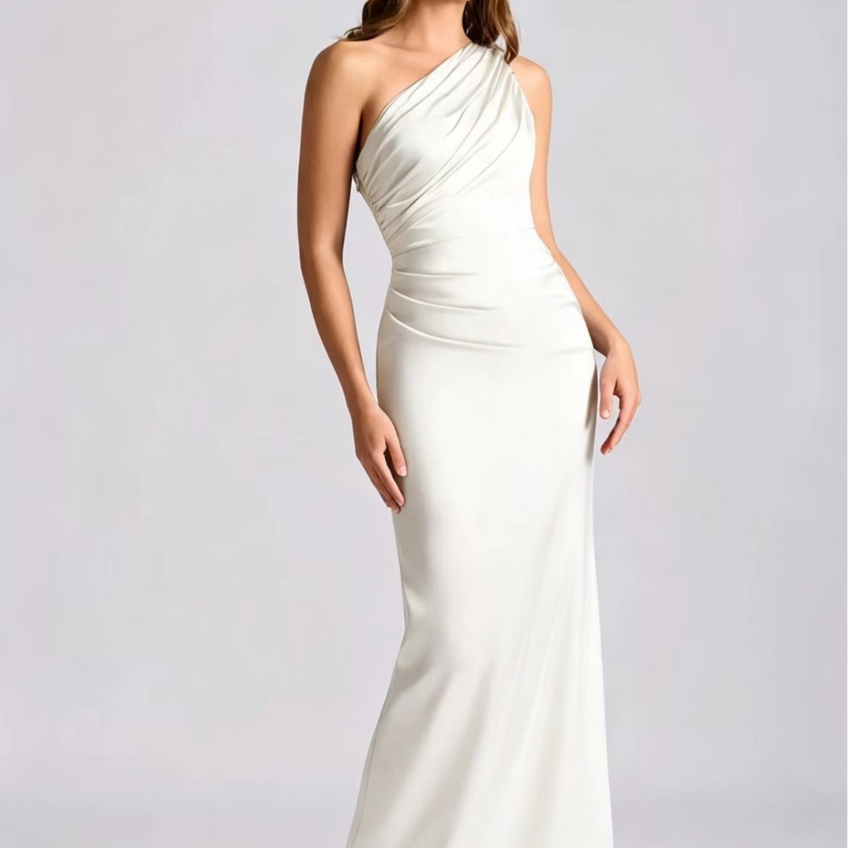One-Shoulder Satin Evening Dress Asymmetric Long Gown
