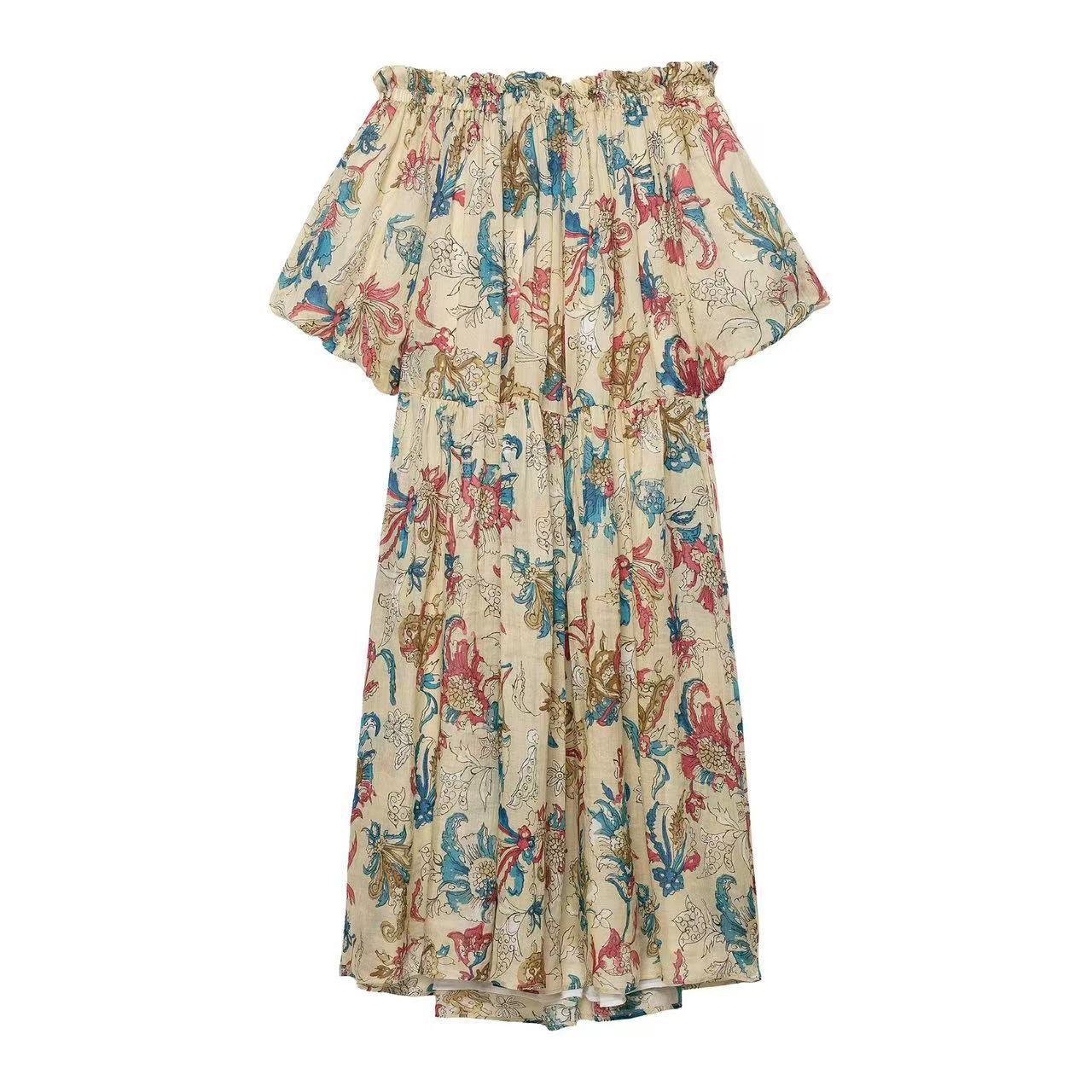 Women's Ramie Print Midi Dress with Lapel Collar