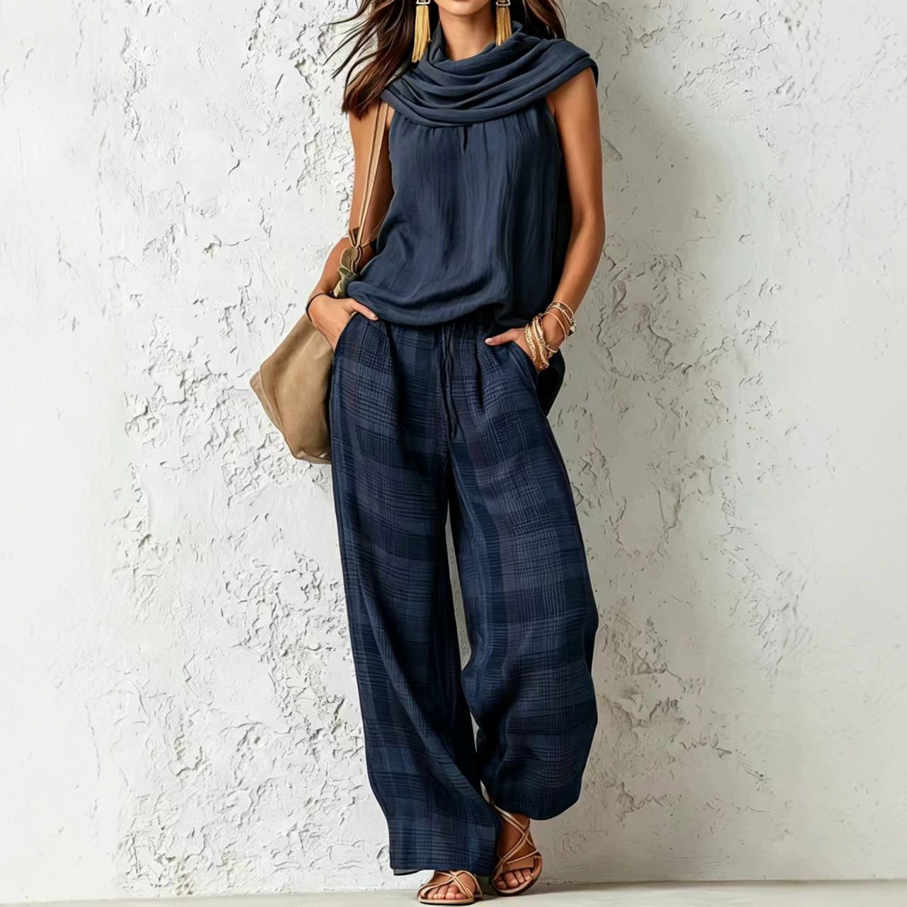 Women's Retro Sleeveless Top and Plaid Pants Two-Piece Set