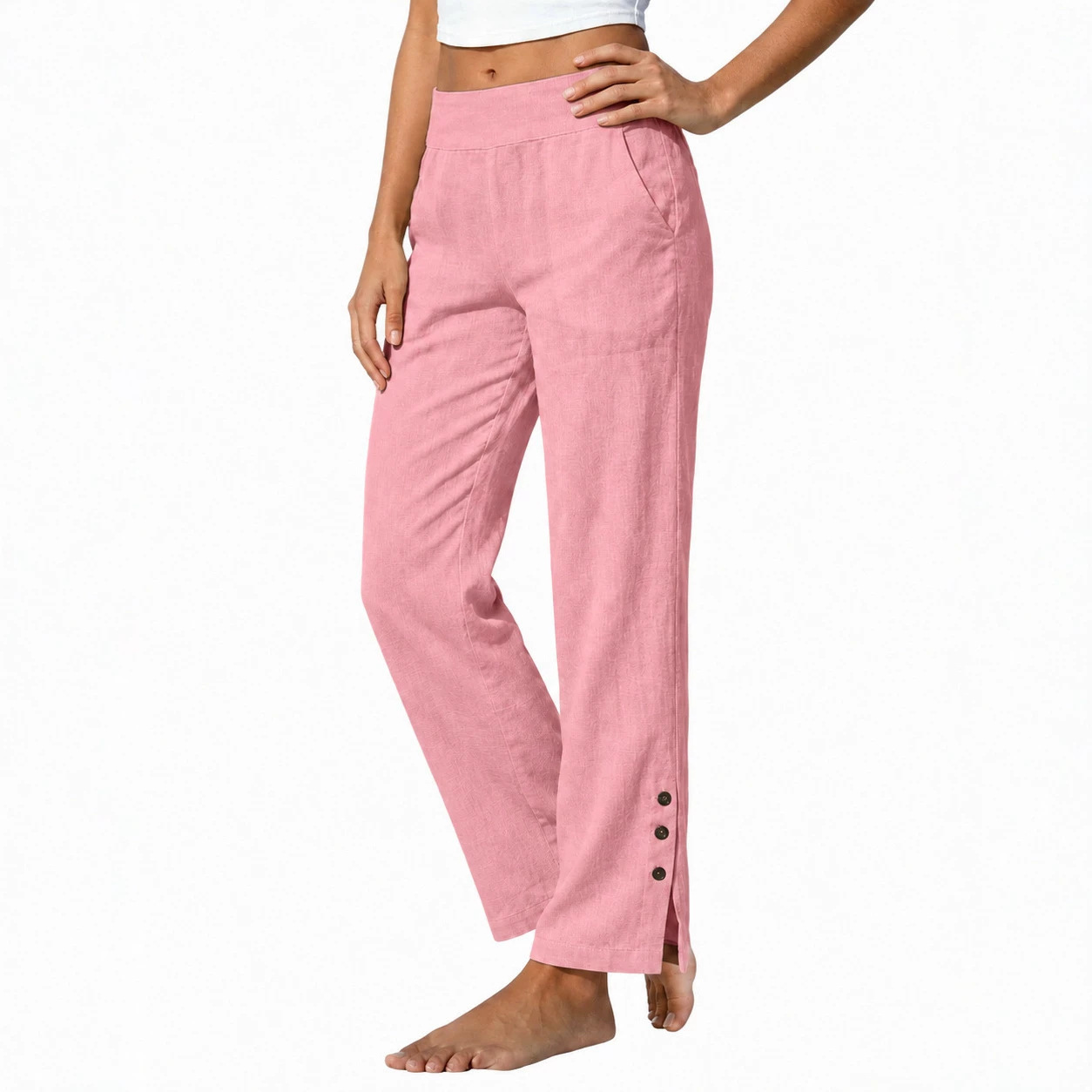 Women's Cotton Linen High Waist Wide Leg Pants with Side Slit Buttons