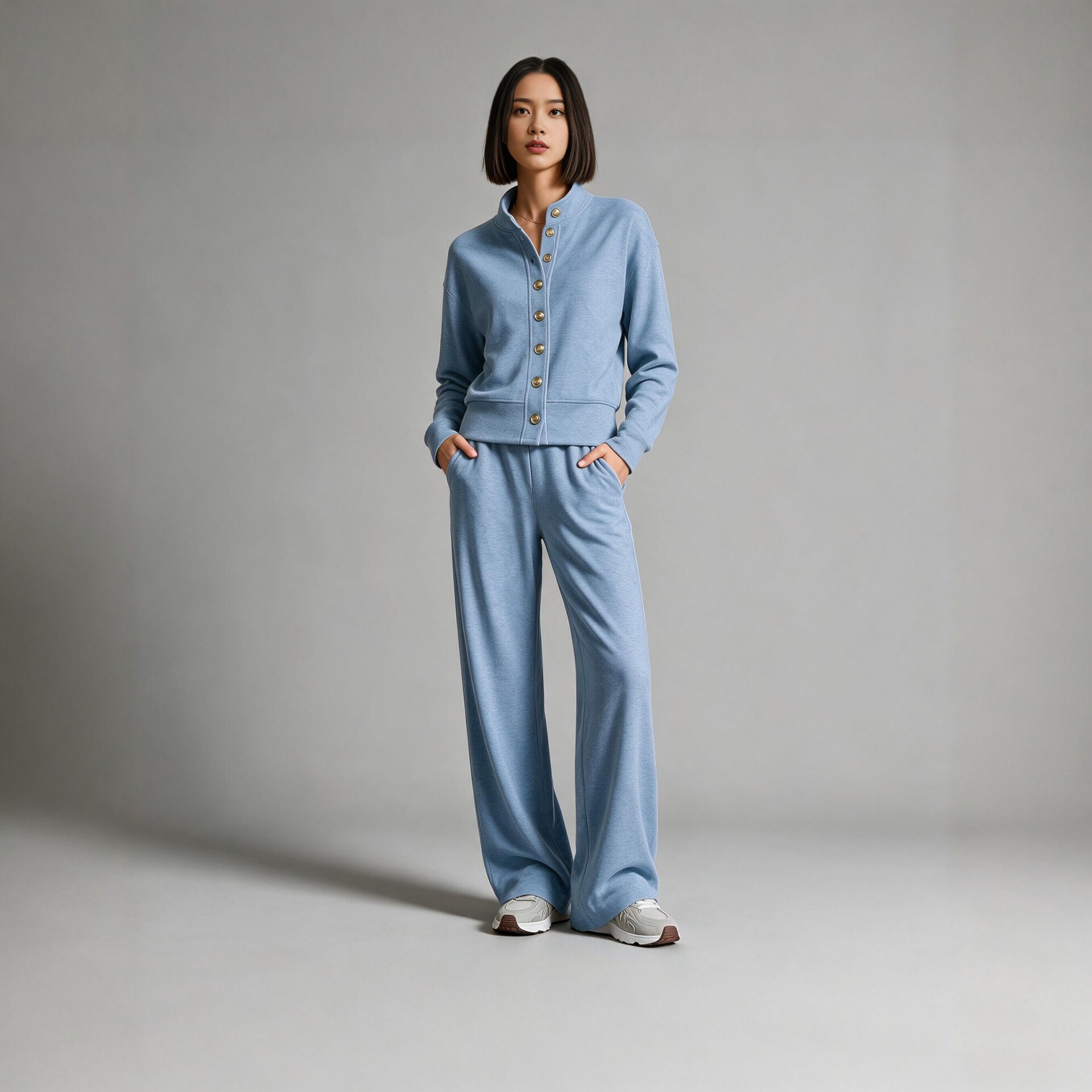 Women's Solid Stand-Collar Cardigan Hoodie & Wide-Leg Pants Set
