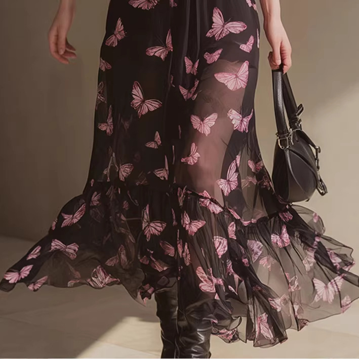 Pink Butterfly Print Black Off-Shoulder Tulle Dress