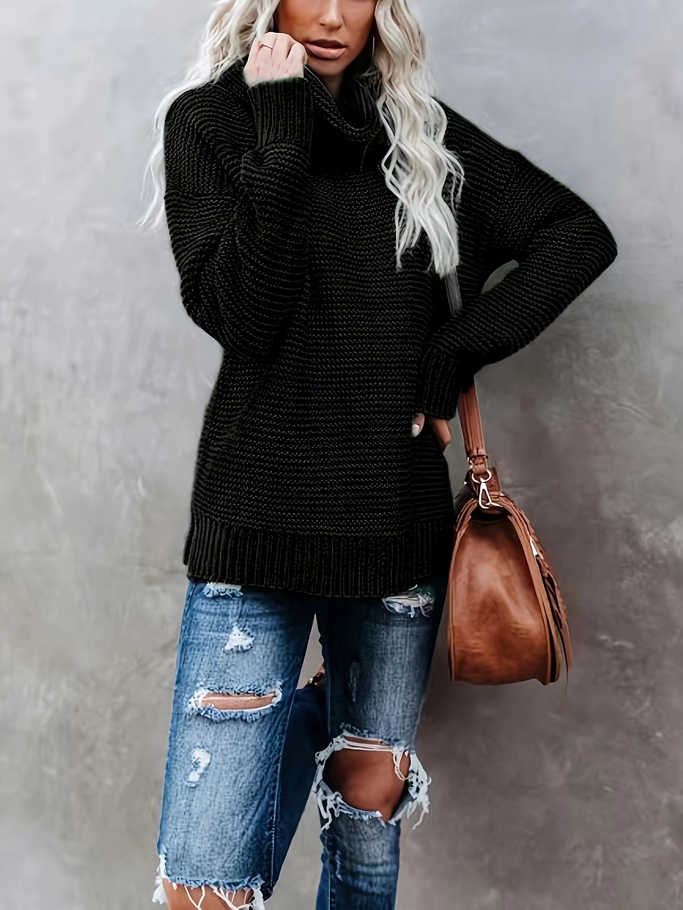 Women's Turtleneck Sweater Pullover Loose Warm Knit Top Long Sleeve
