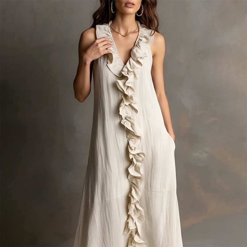 Women's Summer Sleeveless V-Neck Lace Trim Solid Color Loose Casual Dress