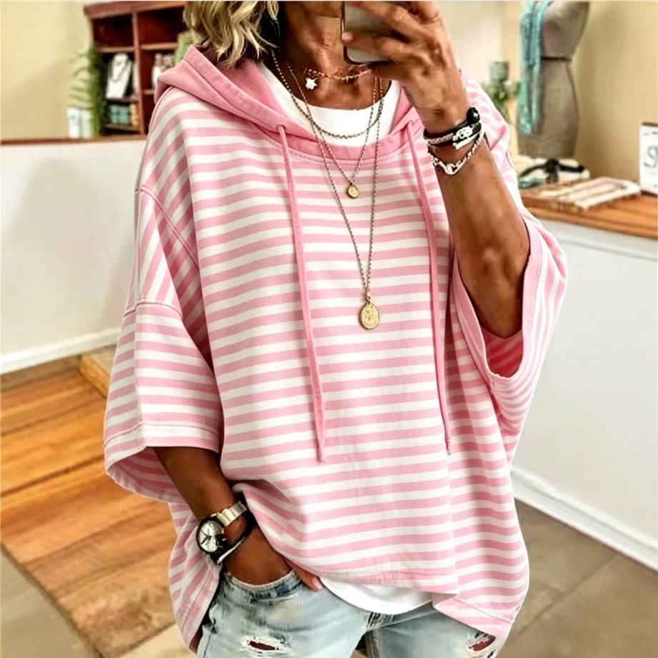 Women's Loose Striped Hooded 3/4 Sleeve Pullover Hoodie