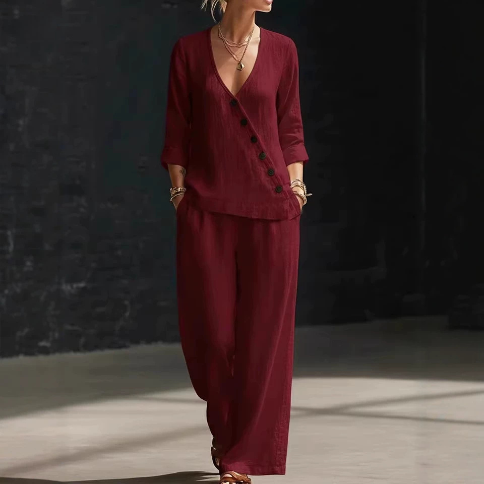 Women's Minimalist V-Neck Button Shirt & Wide-Leg Pants Set