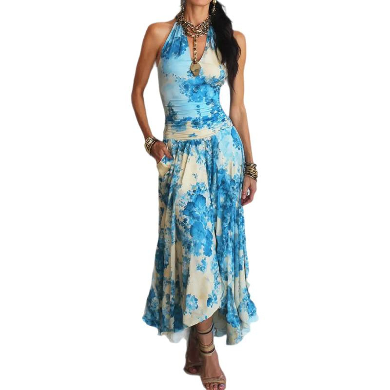 Floral Print Sleeveless Halter Neck Long Bodycon Dress