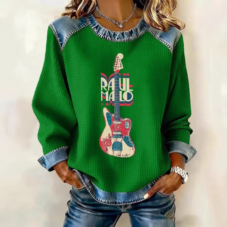 Women's Letter Guitar Print Crewneck Sweatshirt