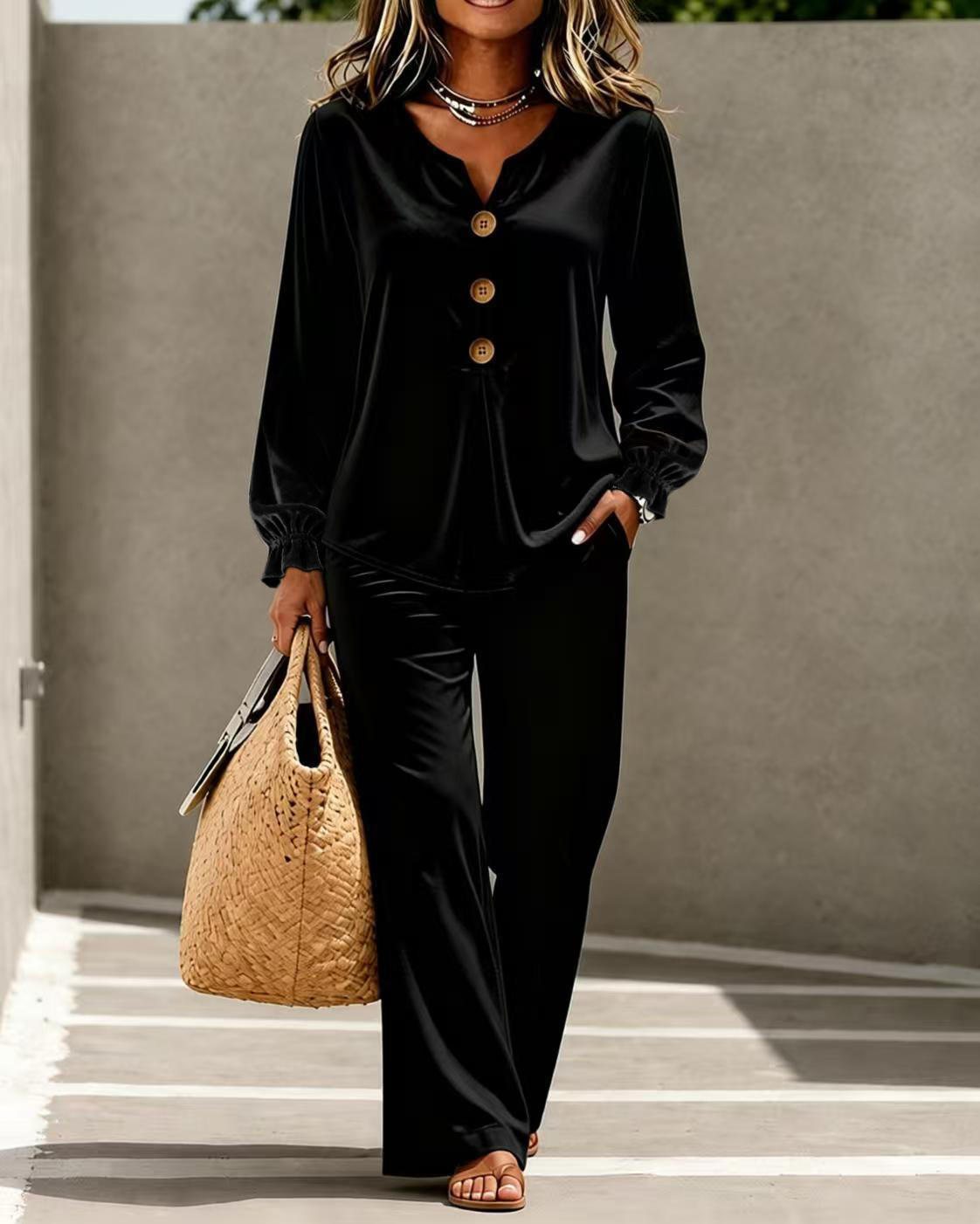 Women's Velvet V-Neck Button Long Sleeve Top and Pants Set