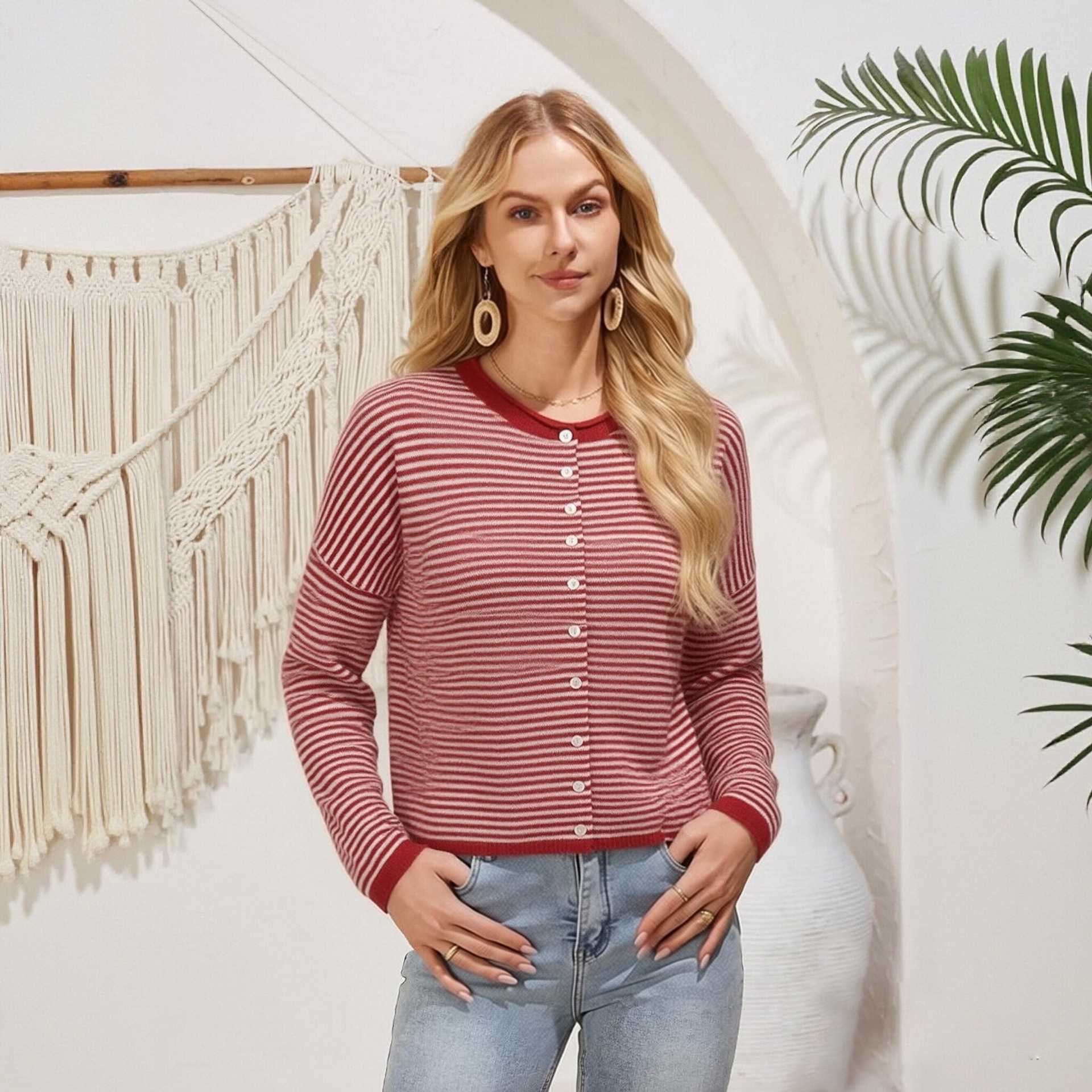 Striped Knit Cardigan Women's Loose Crew Neck Single-Breasted Long Sleeve Casual Outerwear