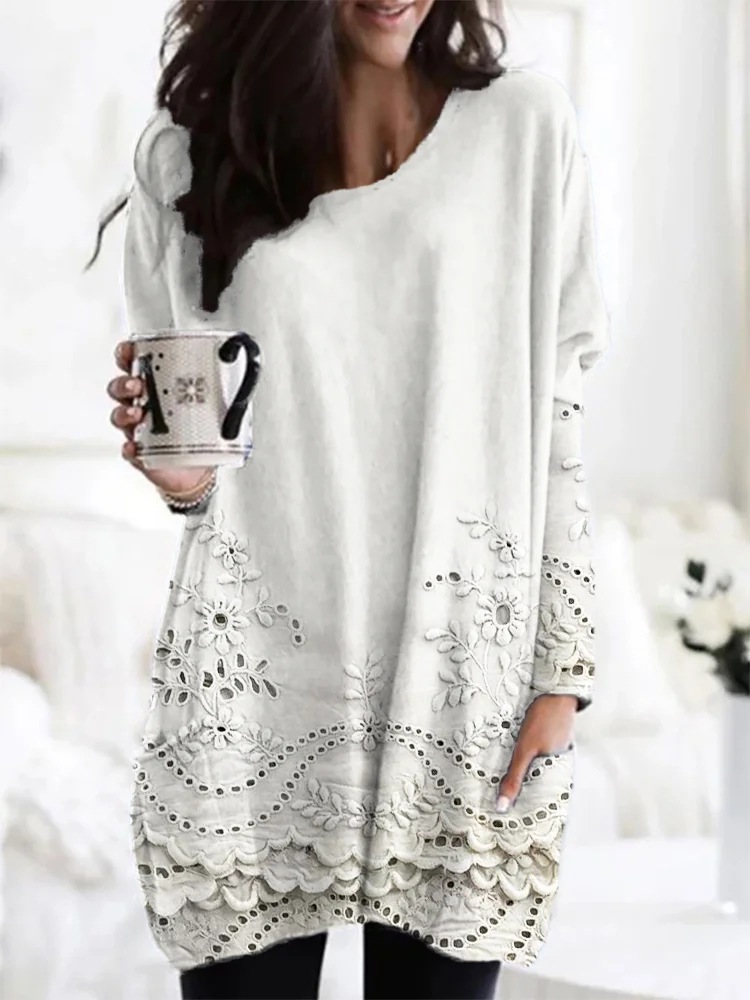 Women's Animal Print A-Line Midi Dress Long Sleeve Crew Neck Casual