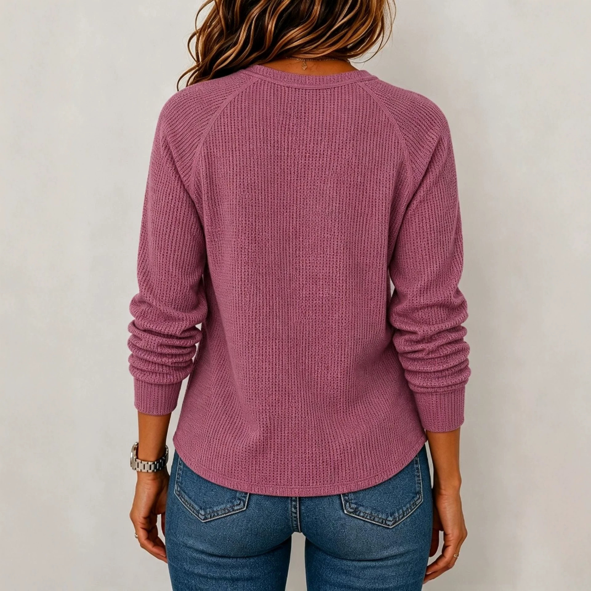 Women's Waffle Knit Long Sleeve V-Neck Top