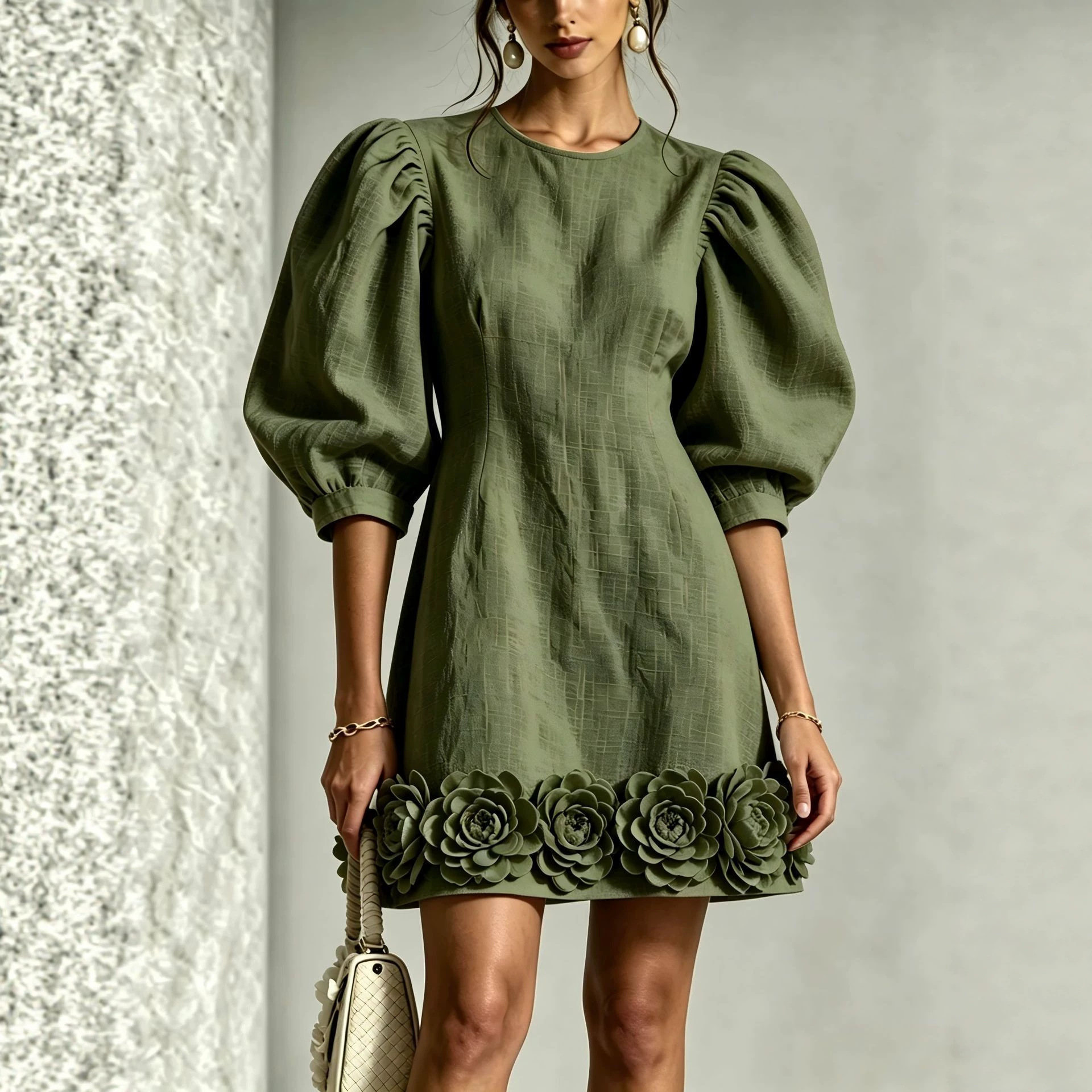 3D Floral French Puff Sleeve Midi Dress