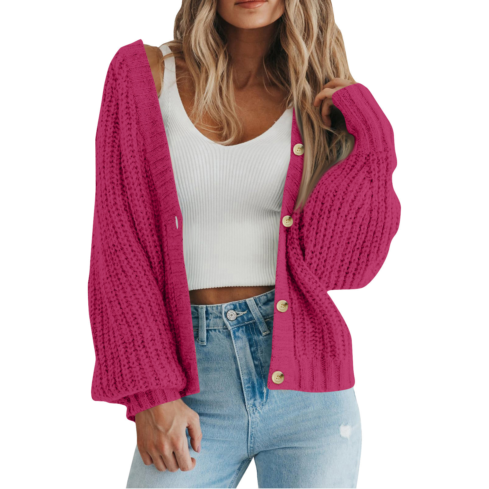 Women's Loose Knit Cardigan Sweater with Lantern Sleeves