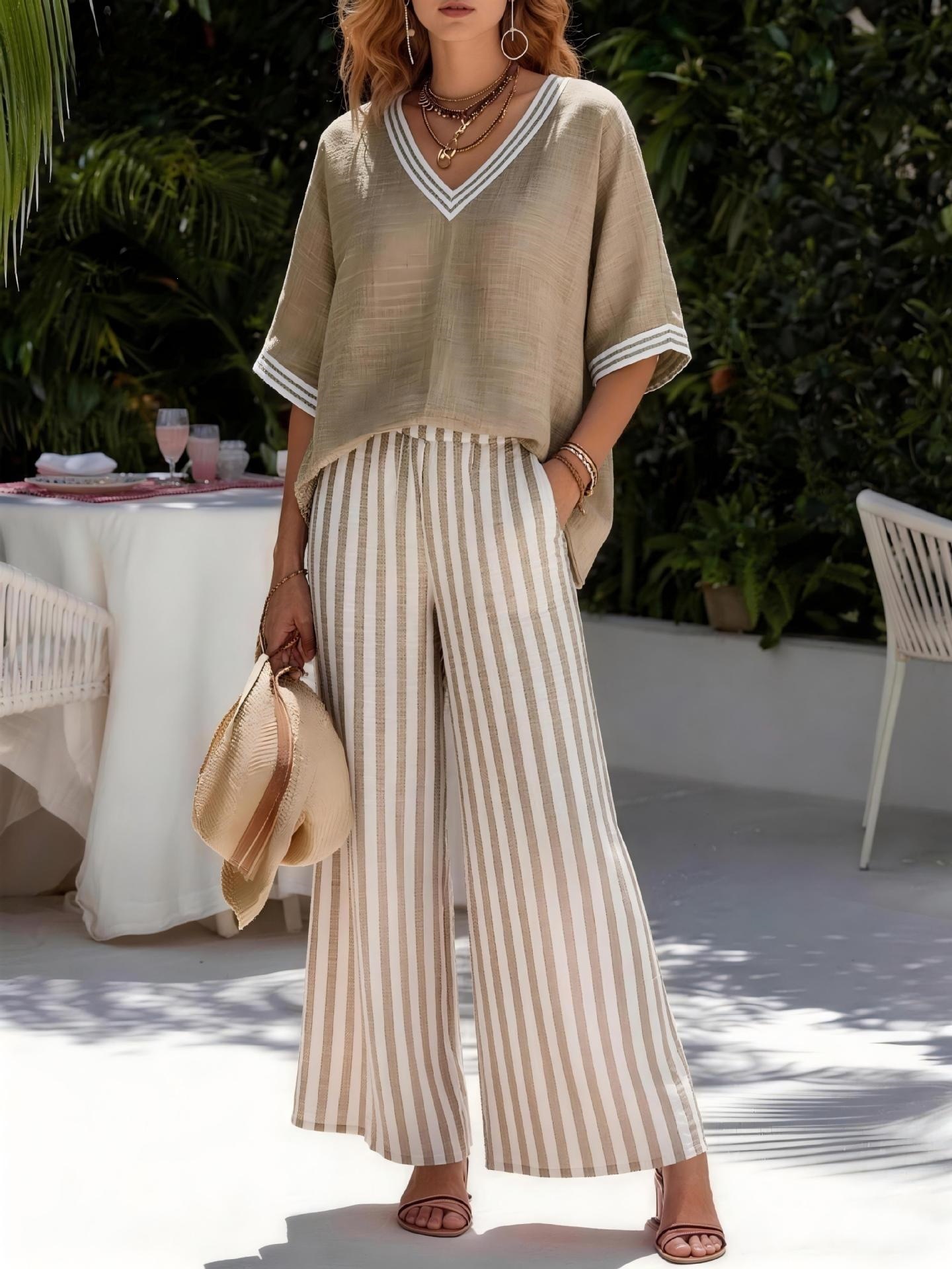 Women's Striped V-Neck Two-Piece Set Casual Loose Fit