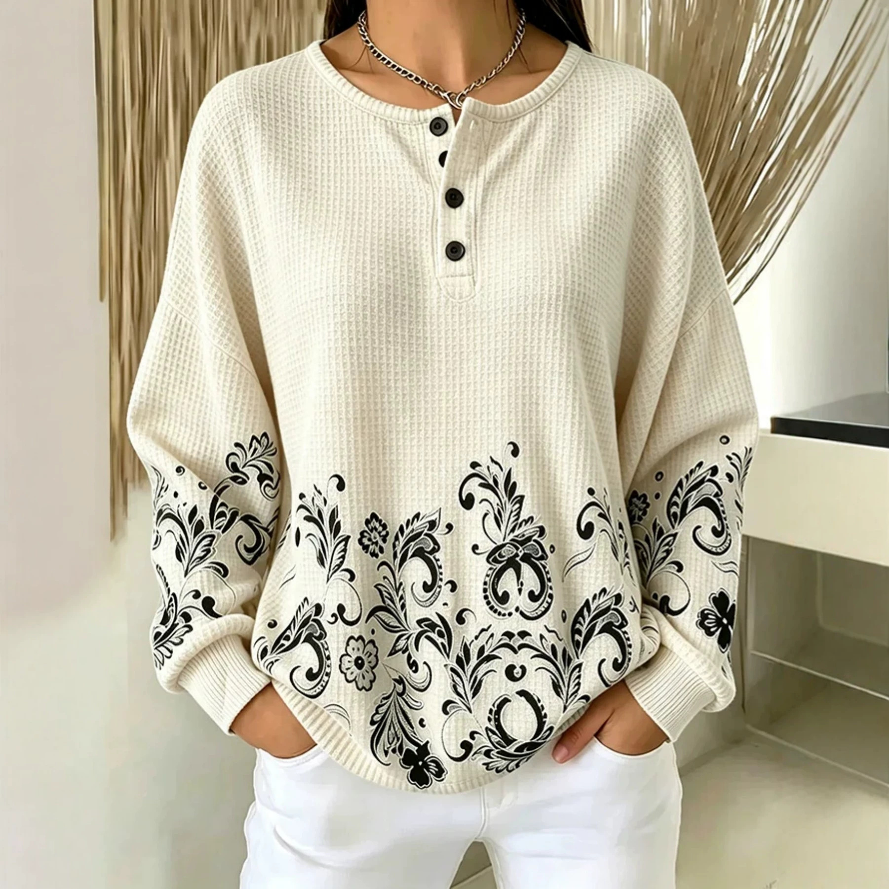 Women's Vintage Floral Print Button Sweatshirt